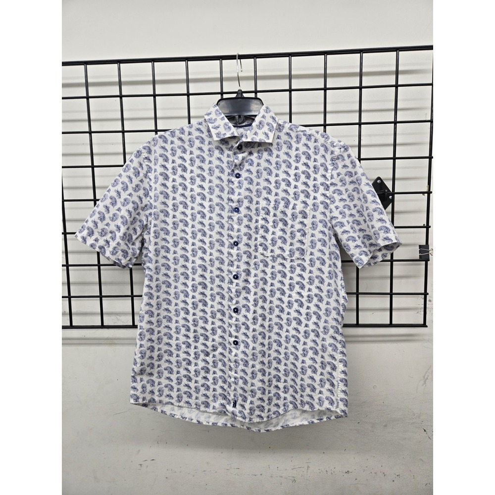 Johnnie-O Men's Button Down Short Sleeve Shirt, Tropical Blue/White Size Small